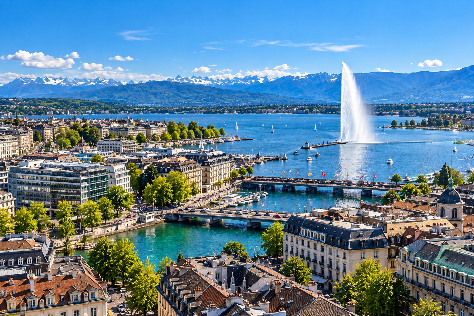 Vue aérienne de Genève avec le Jet d'eau, le lac Léman et les Alpes